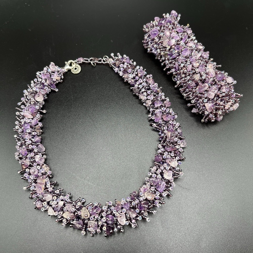 Clara Studio Inc Purple Amethyst Glassโ Bead 925 Choker Necklace & Bracelet Set